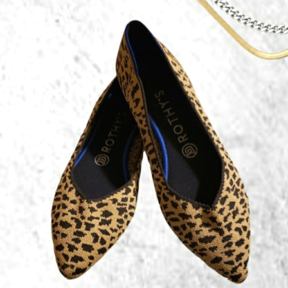 Rothy's The Pointe Subtle Blacl & Tan Cheetah Print Flat Shoes Size 8